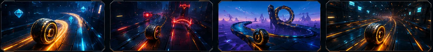Four futuristic Coil Rider gameplay-inspired scenes