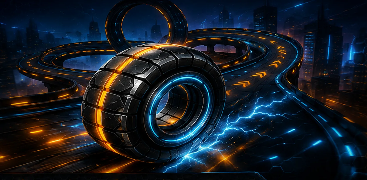 Futuristic circular coil racer on a glowing track with orange and blue lighting