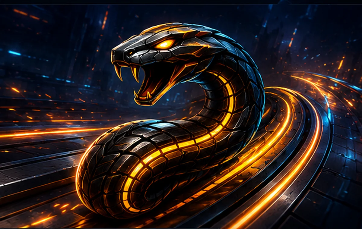 Futuristic metallic coil creature racing through a dark illuminated track