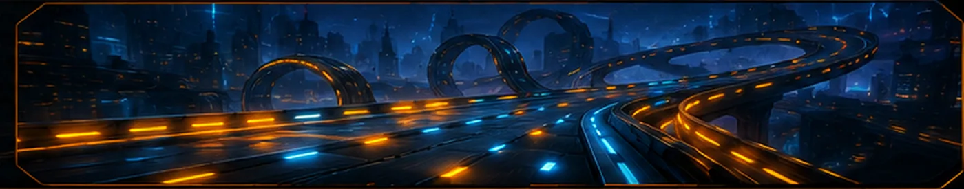 Futuristic looping race track with orange and blue illuminated lanes